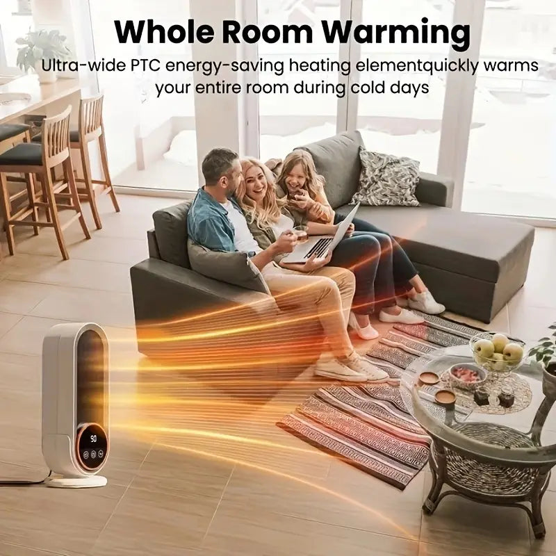 1200W portable heater with remote, touch screen, and rapid heating.