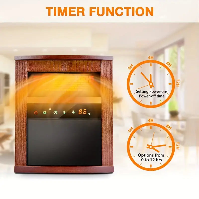 Portable 1500W infrared heater with remote, thermostat, timer, and safety protection.