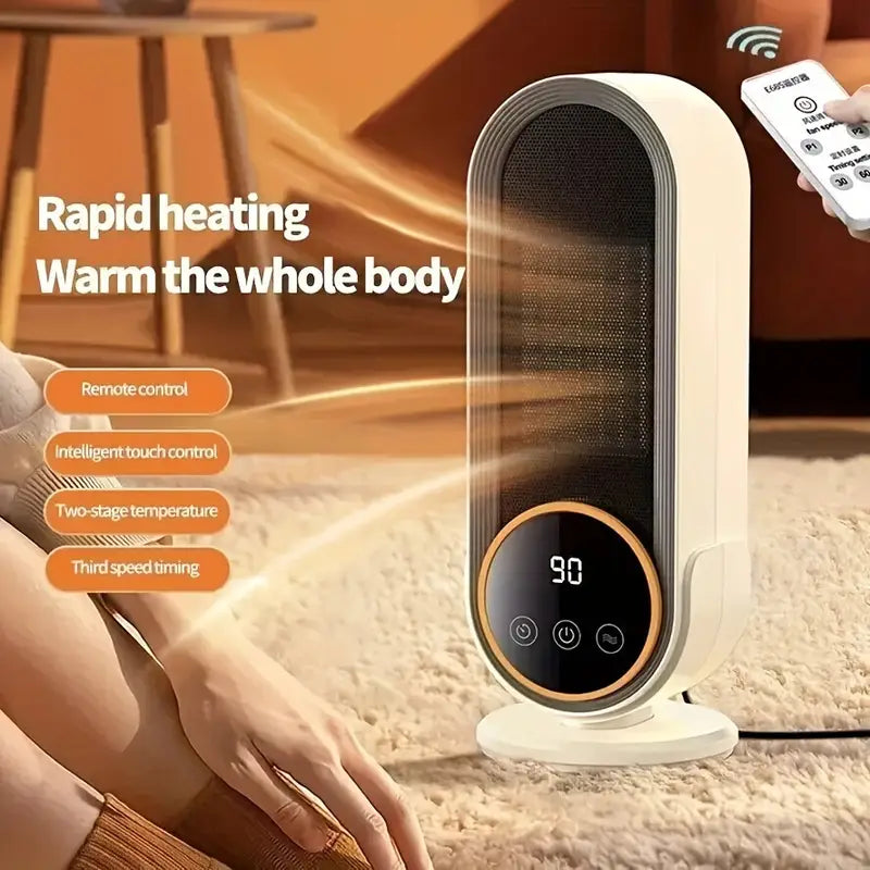 1200W portable heater with remote, touch screen, and rapid heating.