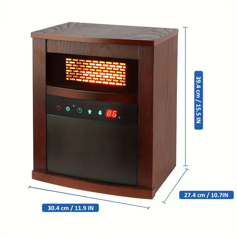 Portable 1500W infrared heater with remote, thermostat, timer, and safety protection.