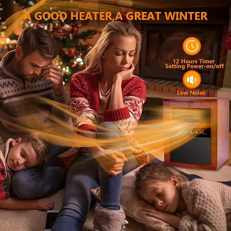 Portable 1500W infrared heater with remote, thermostat, timer, and safety protection.