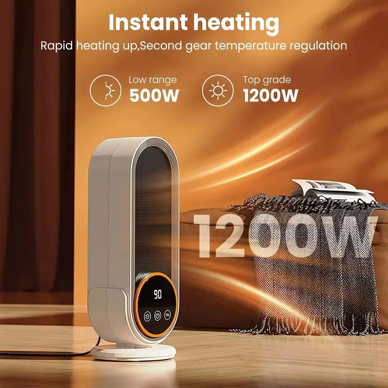 1200W portable heater with remote, touch screen, and rapid heating.