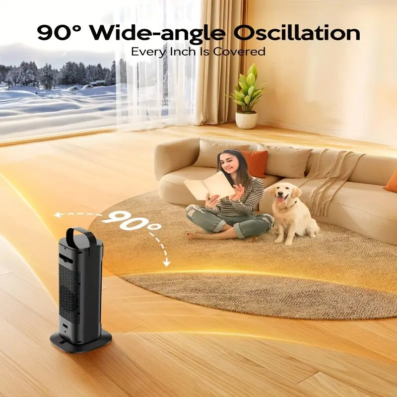 4-inch 1500W electric heater with remote, adjustable temperature, and safety features.