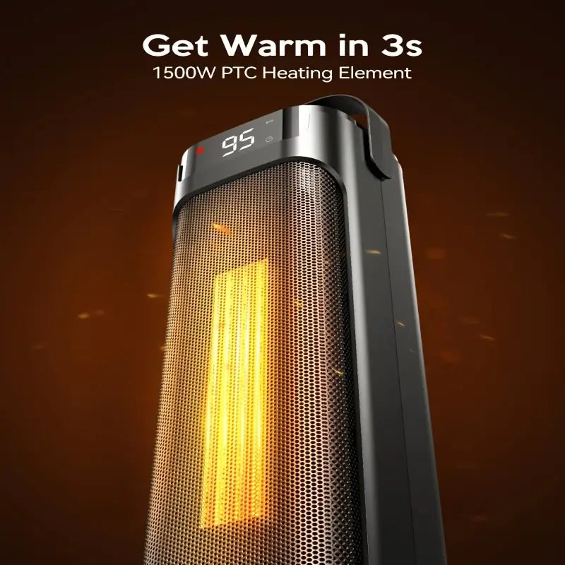 4-inch 1500W electric heater with remote, adjustable temperature, and safety features.