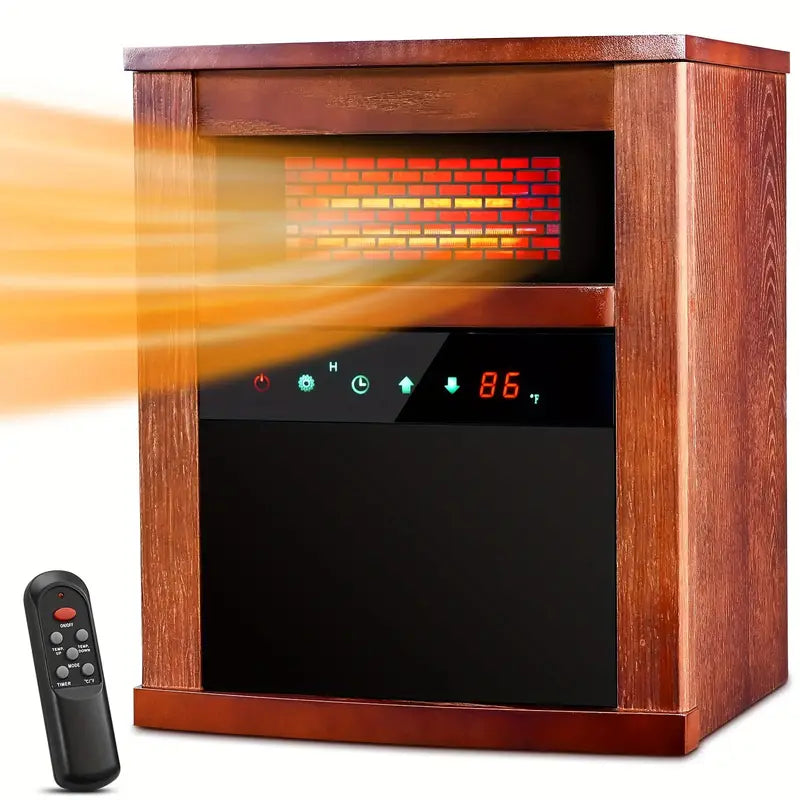 Portable 1500W infrared heater with remote, thermostat, timer, and safety protection.